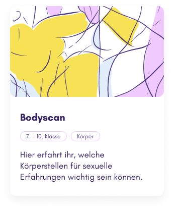 Übersichtskarte der Lerneinheit "Bodyscan" in der Knowbody-App. Zu sehen ist eine abstrakte Zeichnung von ineinander übergehenden Körpern, der Titel "Bodyscan", die Kategorien "7.-10. Klasse" und "Körper" sowie die Beschreibung "Hier erfahrt ihr, welche Körperstellen für sexuelle Erfahrungen wichtig sein können."
